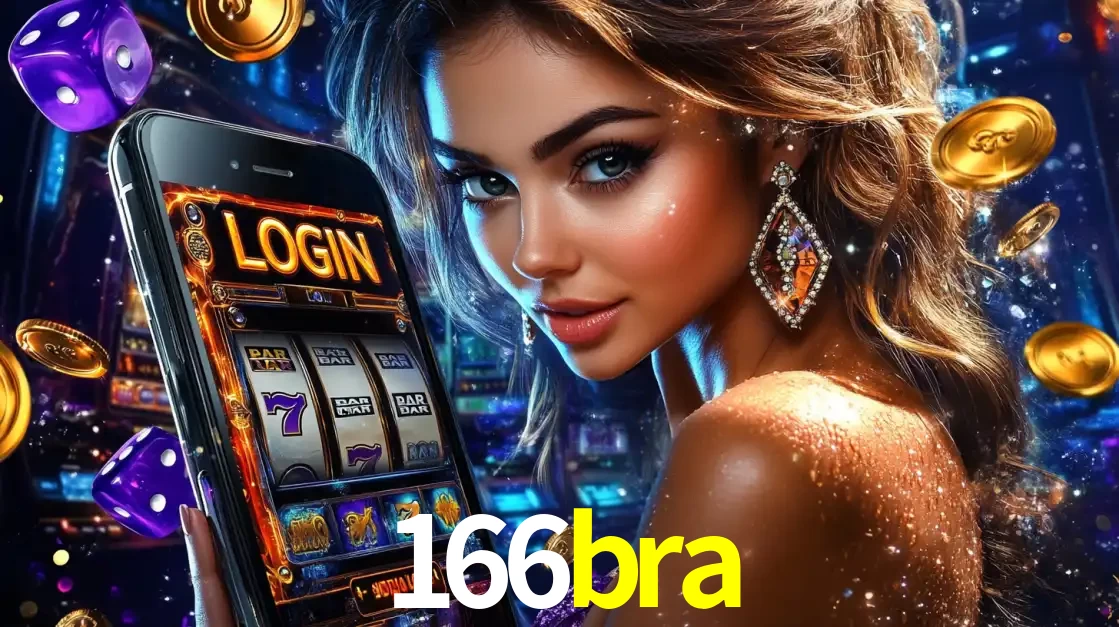 Mulher glamorosa segurando um smartphone com a tela de login para os jogos de caça-níqueis do cassino online 166bra, com moedas de ouro e dados ao redor.
