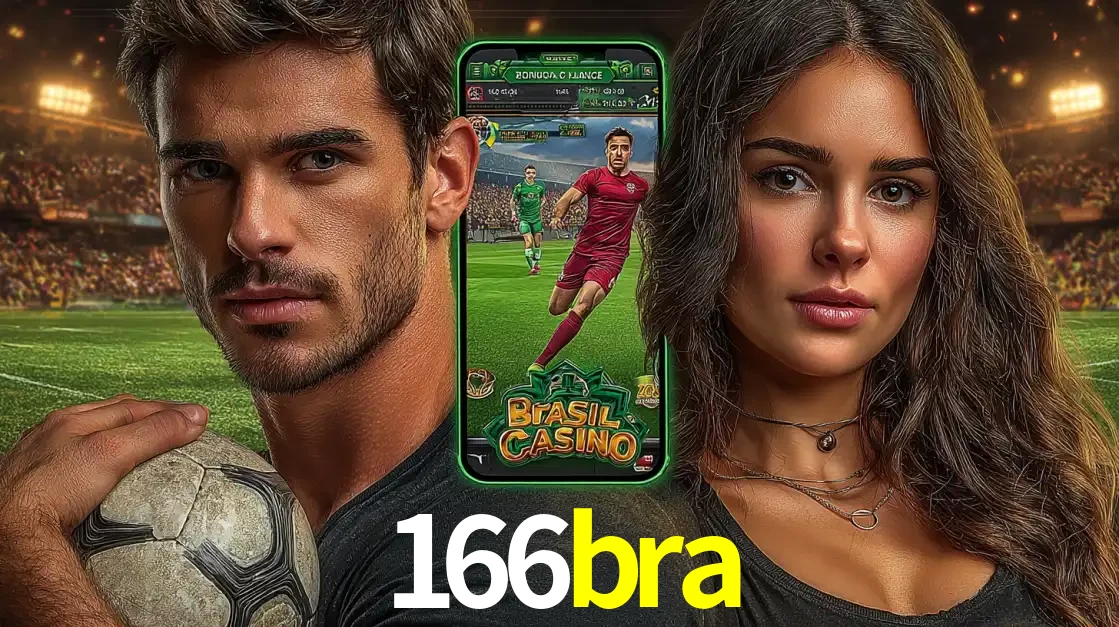 Homem segurando uma bola de futebol e uma mulher ao lado de um smartphone exibindo o jogo de apostas esportivas da 166bra. Faça seu palpite no cassino online.